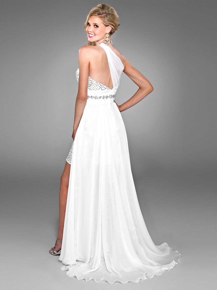 White Chiffon One-Shoulder Sweetheart Neckline Sleeveless Sweep-Train Prom Dress