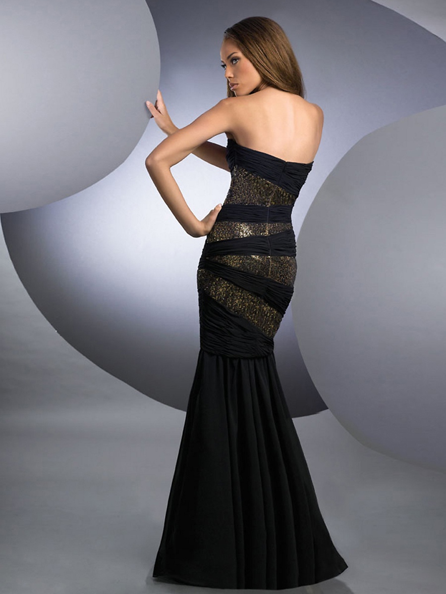Black Ghost Floor Length Trumpet Stretch Satin Evening Gown of Sequined Bodice and Ruche