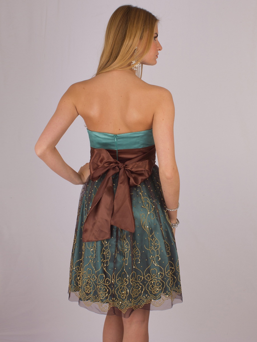 Strapless Voluminous Short A-Line Homecoming Gown of Brown Satin Sash and Light Tulle Skirt
