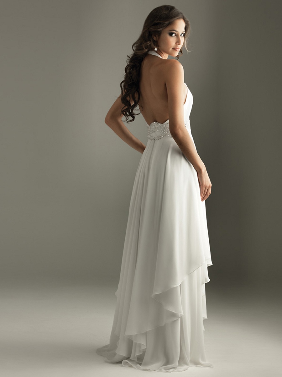 Plunging V-Neck White Chiffon Floor Length Evening Gown of Ruffled Skirt and Diamantes