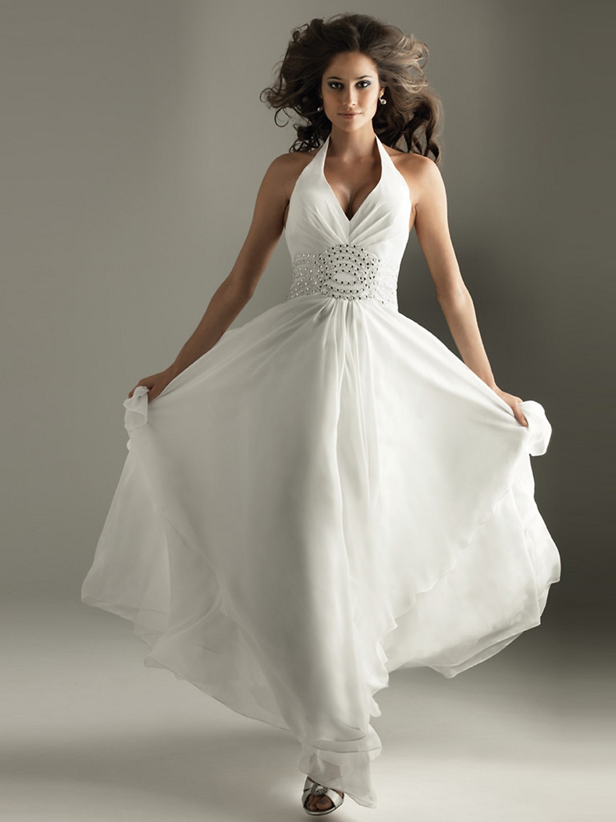 Plunging V-Neck White Chiffon Floor Length Evening Gown of Ruffled Skirt and Diamantes