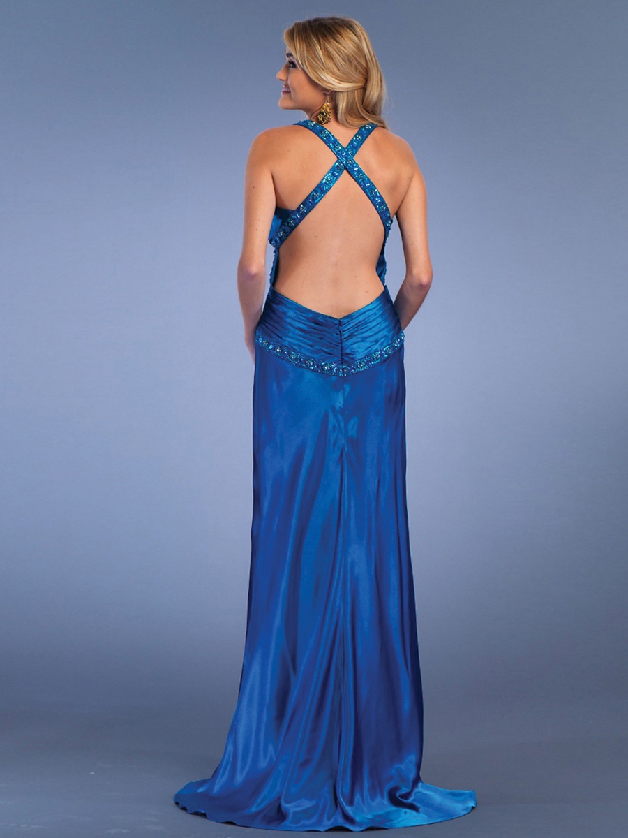 Halter Neck Floor Length Sheath Dark Royal Blue Silk Satin Prom Gown of Sequined Straps