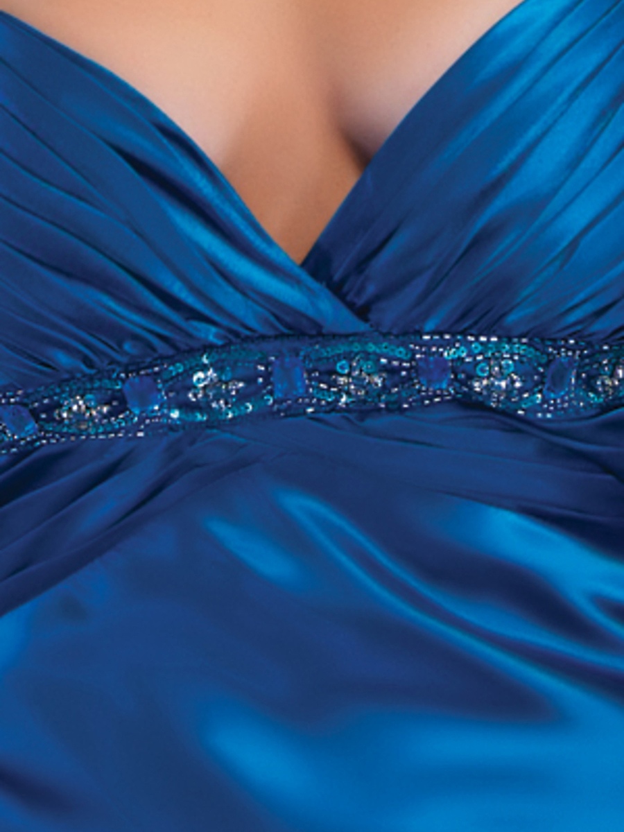 Halter Neck Floor Length Sheath Dark Royal Blue Silk Satin Prom Gown of Sequined Straps