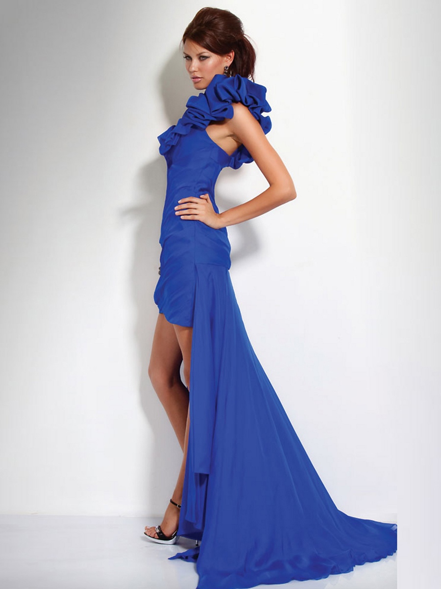 Royal Blue Chiffon Ruffled One-Shoulder Neckline Sleeveless Floor-Length Prom Dress