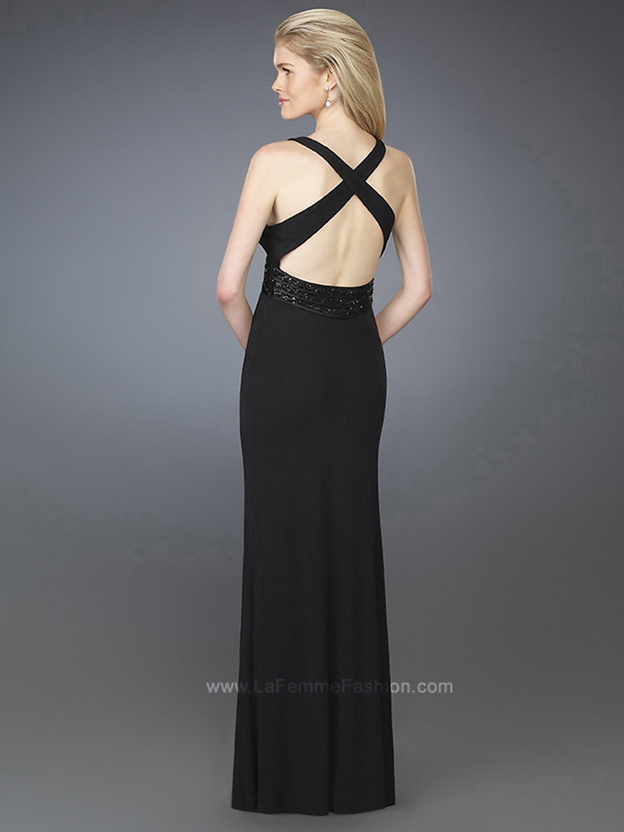Tiefem V-Ausschnitt Schwarz bodenlangen Chiffon Abendkleid von Sparkling Band bei Natural Taille
