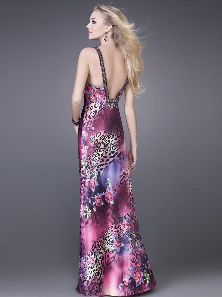 Plunging V-Neck Printed Sheath Style Floor Length Prom Gown of Beaded Straps