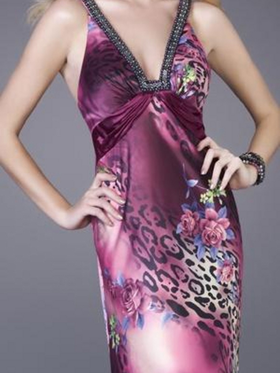Plunging V-Neck Printed Sheath Style Floor Length Prom Gown of Beaded Straps