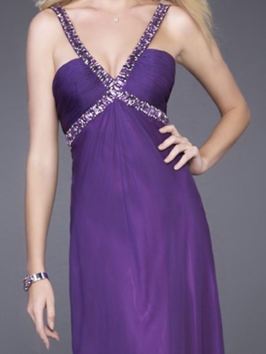 Deep V-Neck Floor Length Empire Purple Chiffon Evening Gown of Beaded Straps Front