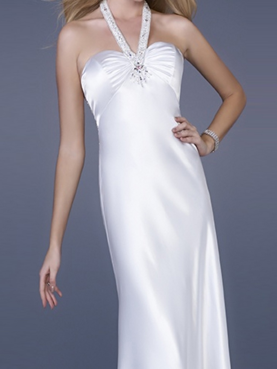 Halter Strap Floor Length Ivory Shinning Satin Evening Gown of Beadwork at Bust
