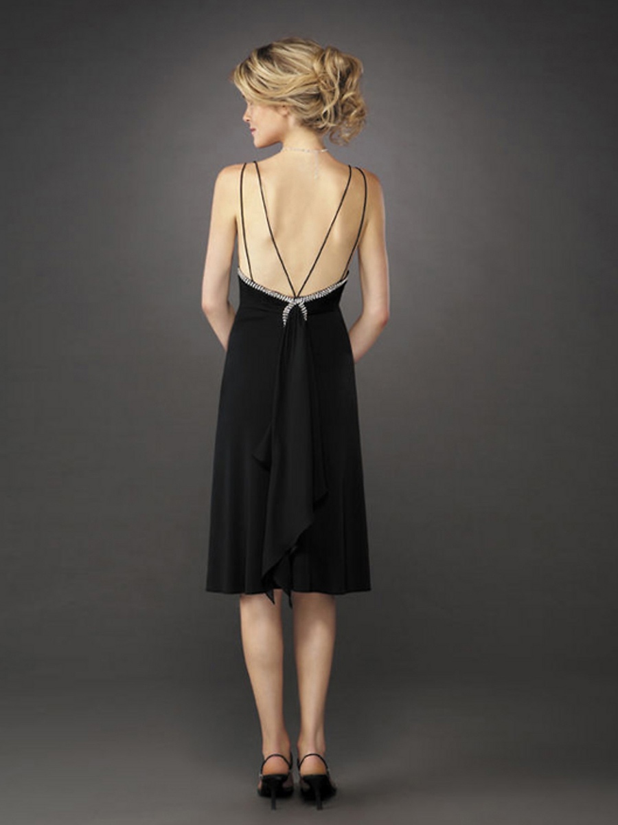 Deep V-Neck Black Chiffon Knee-Length Mother Gown of Sequined Belt Front and Ruffles