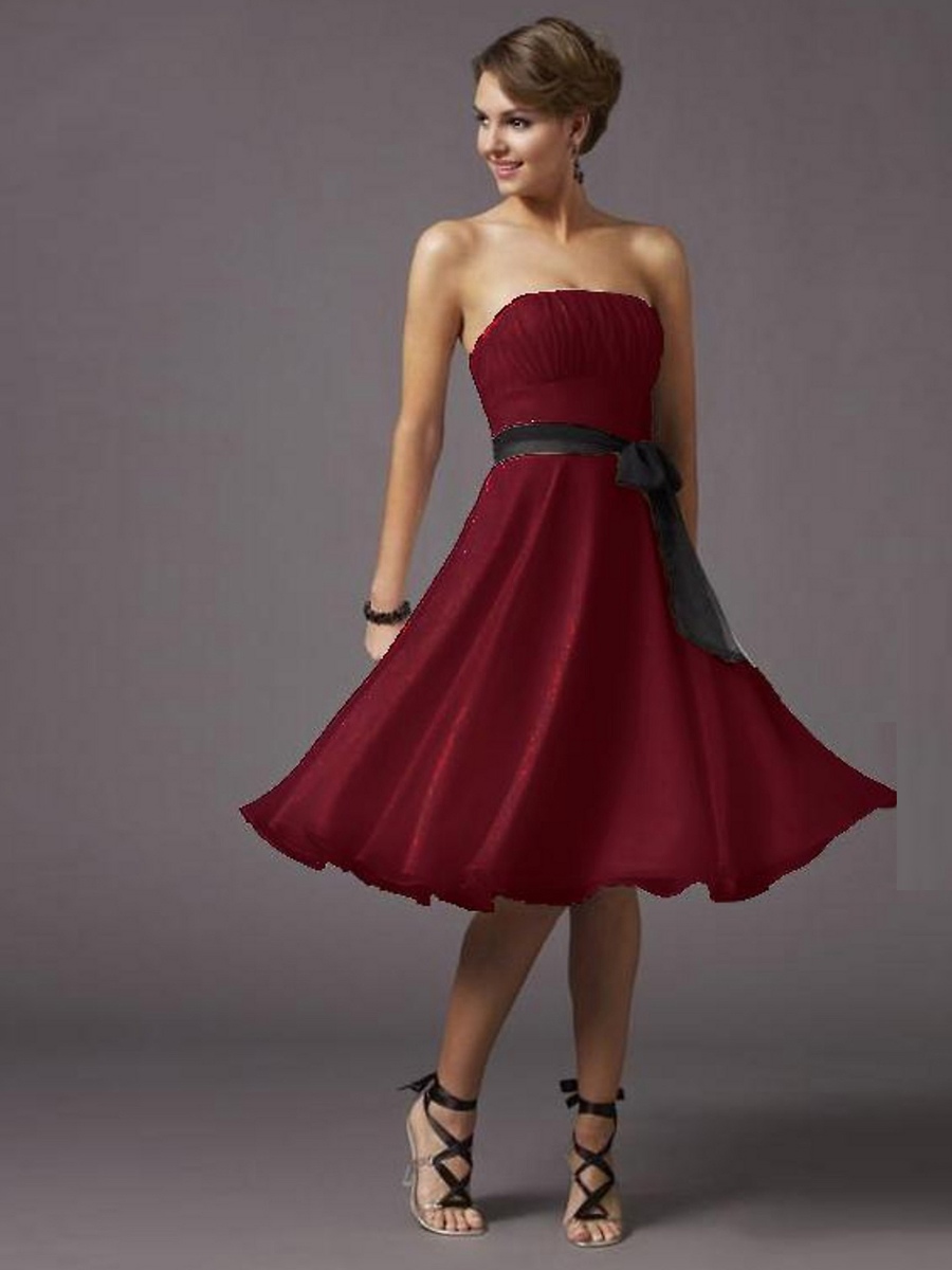 Ostentatious Strapless Red Chiffon A-Line Knee-Length Junior Bridesmaid Gown of Sash