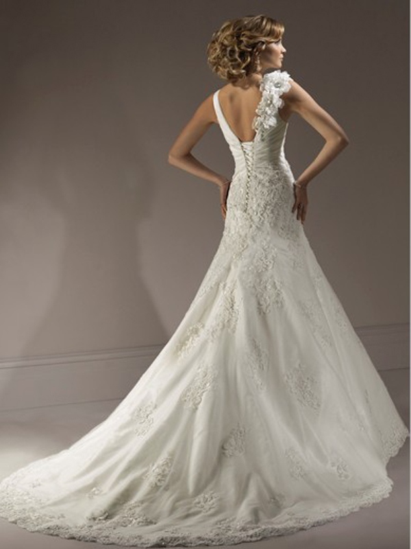 Sex A-Line V-Neck Wedding Dress with Floral Shoulder and Beaded Lace