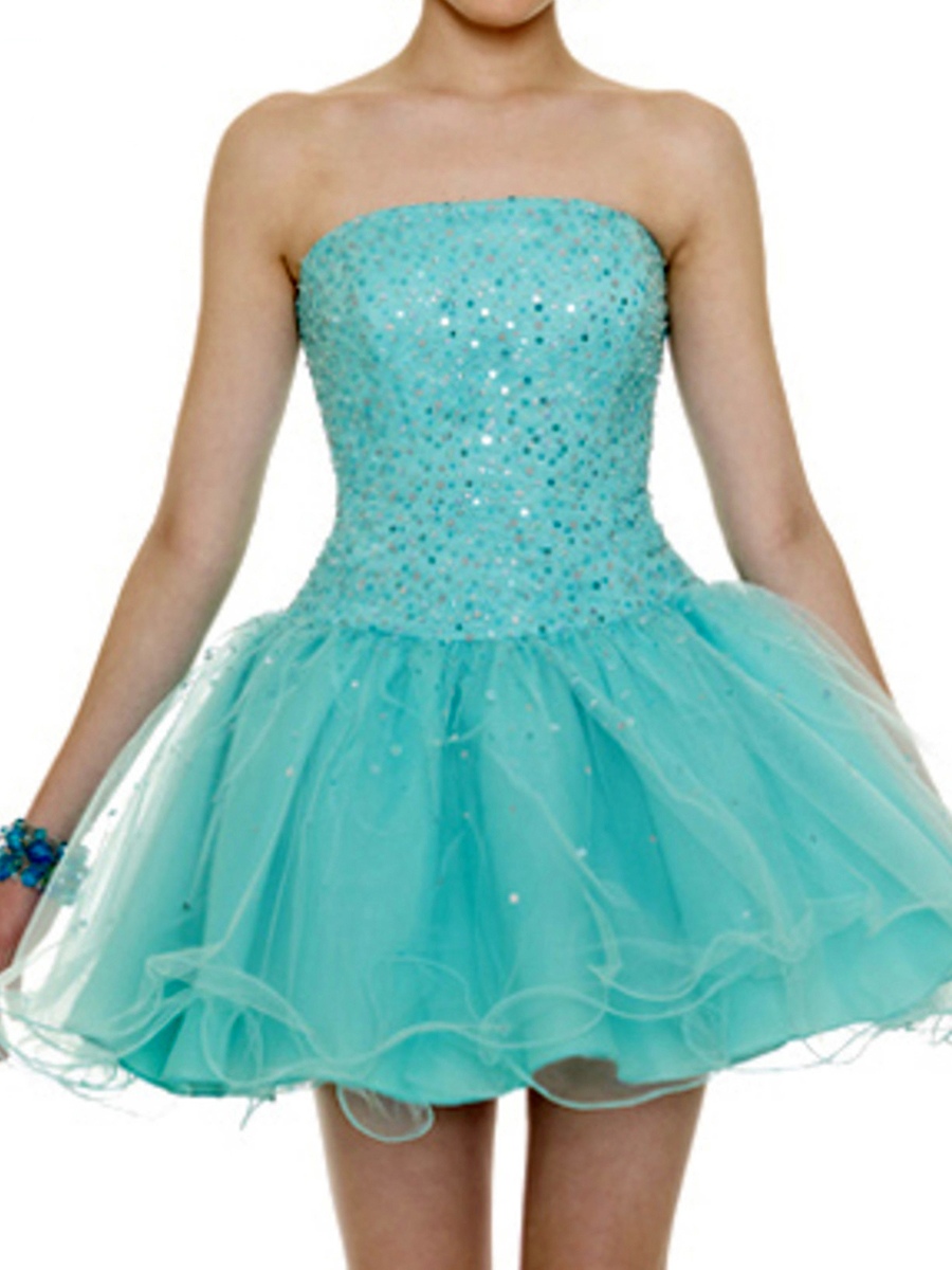 Short Length Prom Dress with Strapless Neckline and Dropped Waist