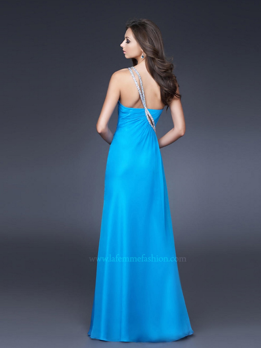 New Satin Unique Prom Dress in Blue with Beaded One Shoulder and Sexy Front Slit