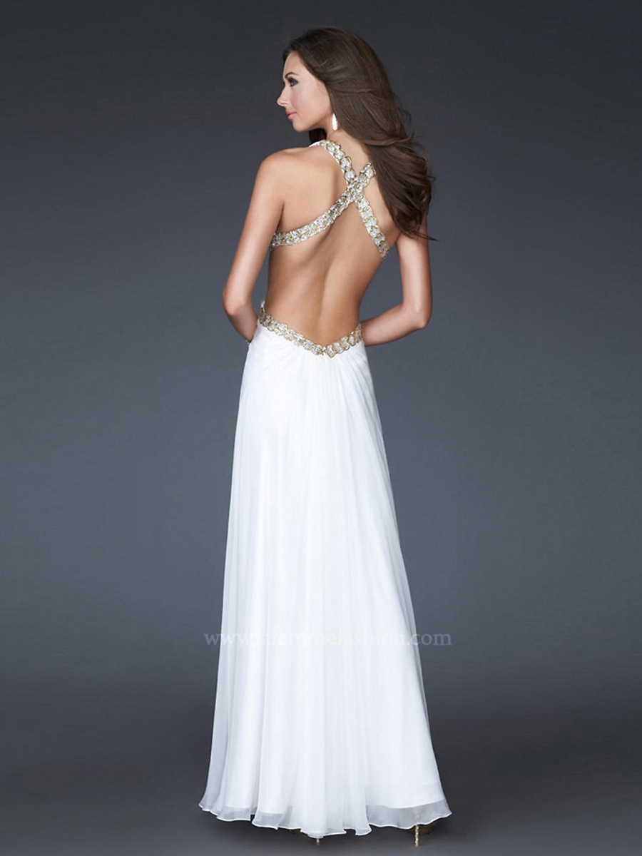 Sexy Deep V-neck and Full Floor Length Skirt White Chiffon Prom Dresses