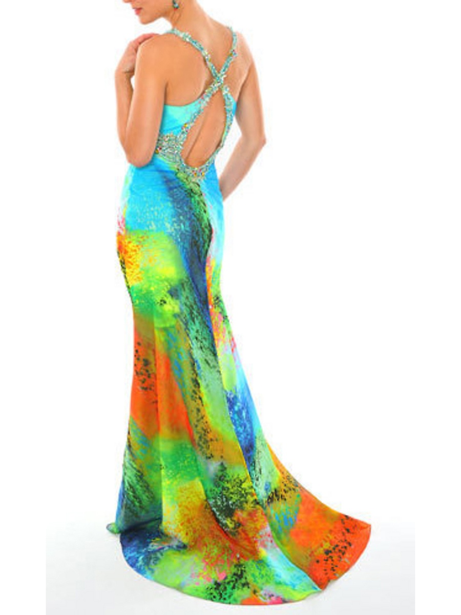 Stunning Halter Neck Floor Length Flowery Printed Sheath Style Prom Gown