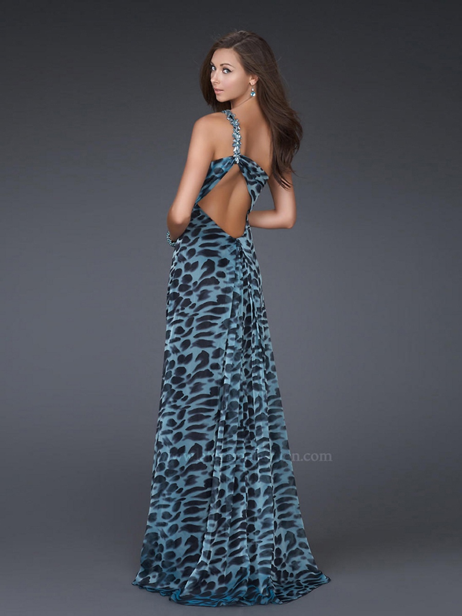 Special Animal Print Chiffon One Shoulder and Sexy Side Slit Prom Dresses
