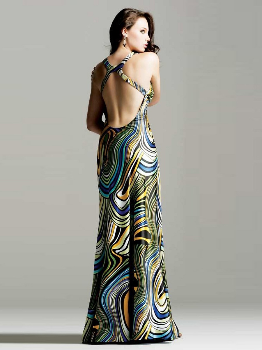 Fascinating Deep V-Neck Floor Length Printed Rhinestone Embellished Celebrity Gown
