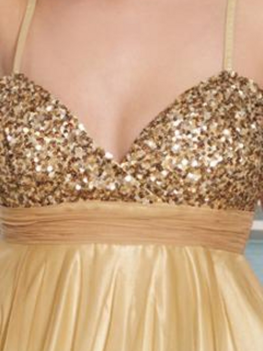 Spaghetti Strap Neck Short A-Line Style Sequined Bodice and Ombre Champagne Tulle Skirt Dress
