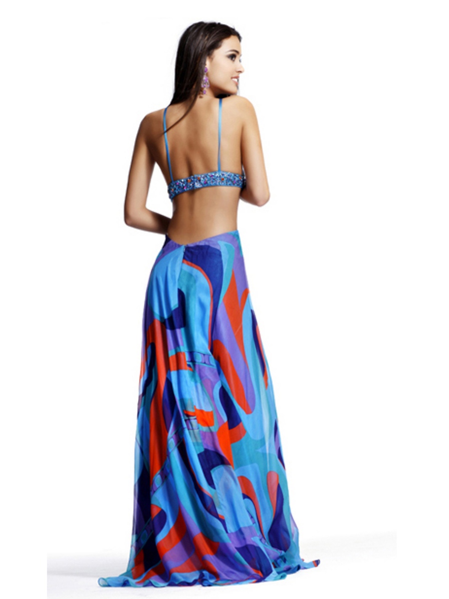 Marvelous Spaghetti Strap Neck Floor Length Multi-Color Printed Empire Style Beaded Party Dress
