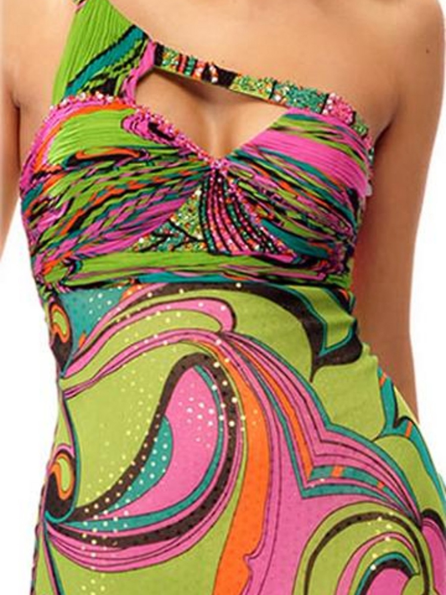 Ankle-Length Sheath Multi-Color Printed One-Shoulder Keyhole 2012 Prom Dress