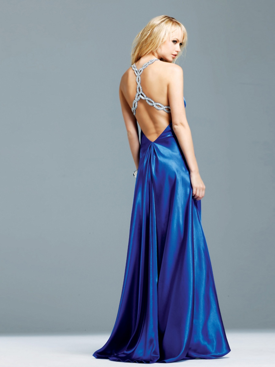 Dark Royal Blue Floor Length Empire Silky Satin Diamantes Embellished Bridesmaid Gowns