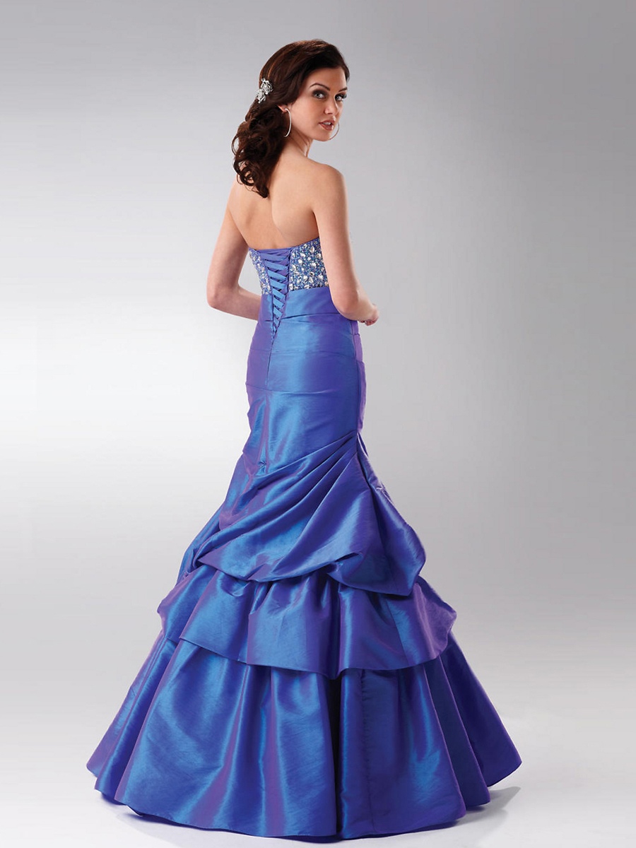 Magnífico Strapless Andar Comprimento Ball Gown Escuro Azul Royal tafetá vestido de festa de casamento