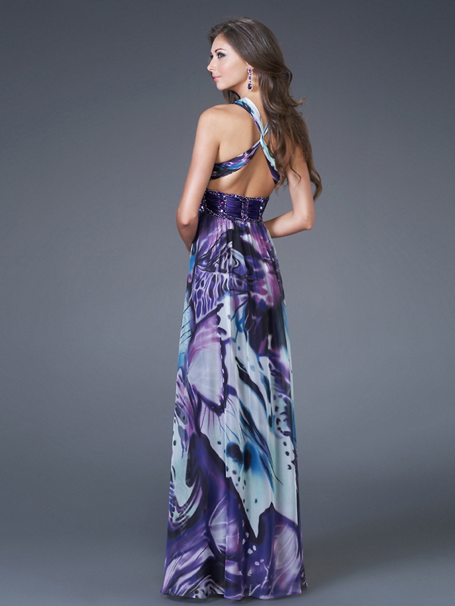 Deep V-Neck Empire Style Floor Length Multi-Color Printed Sash Evening Gowns