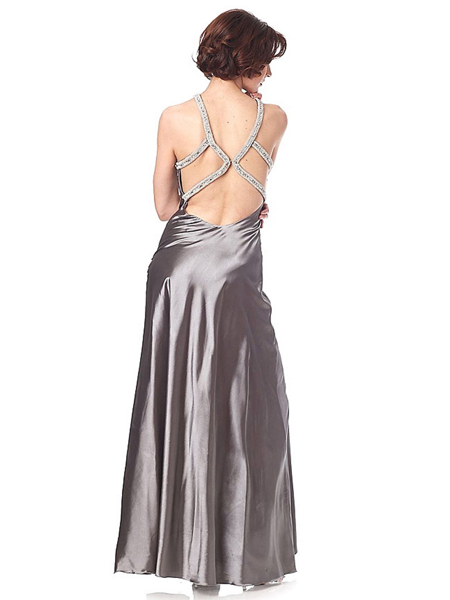 Classy Sequined Halter Neck Floor Length Silver Silky Satin Mother of Brides Dresses