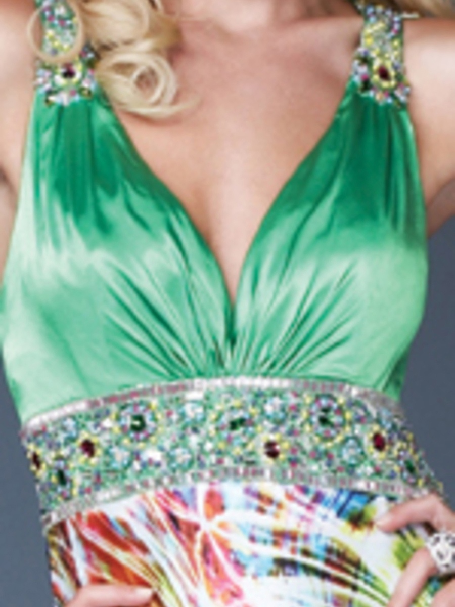Glamorous Deep V-Neck Floor Length Sheath Style Green Satin and Printed Prom Gown