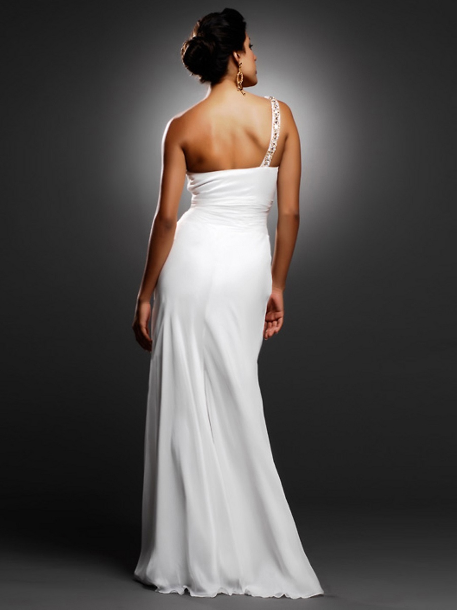 Vintage One-Shoulder Floor Length Sheath Style White Chiffon Rhinestone Embellished Evening Dress