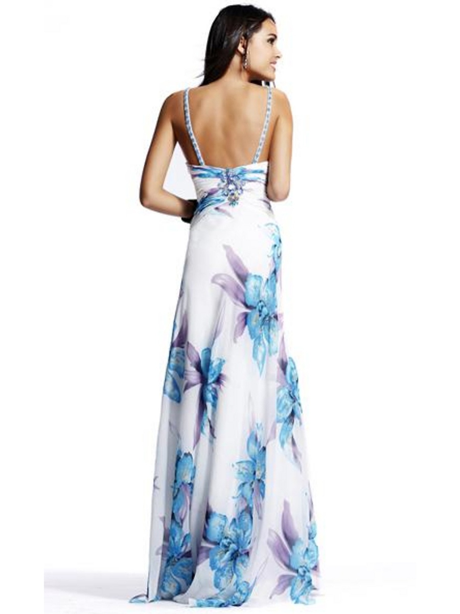 Halter Neck Floor Length Multi-Color Printed Rhinestone Embellished Evening Gowns