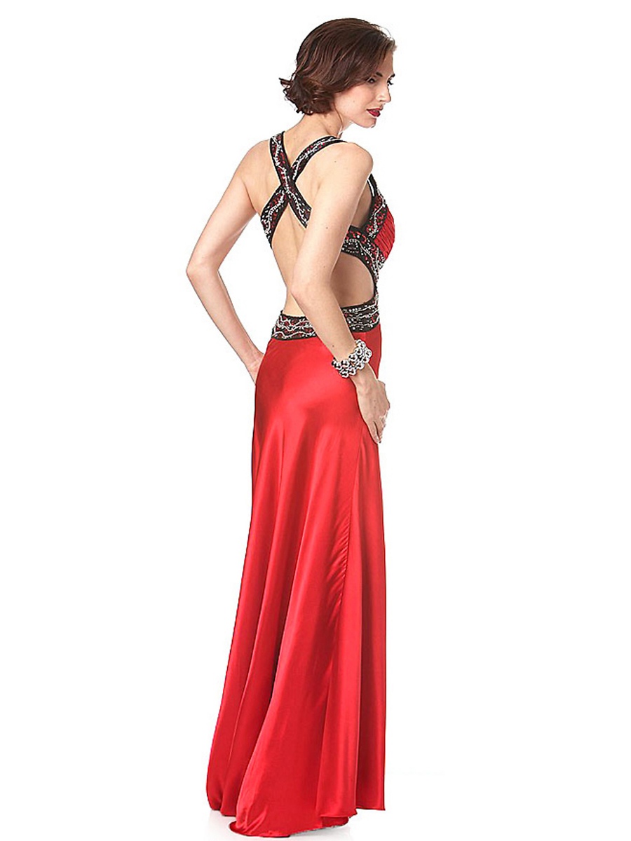 Halter Neck Floor Length Red Silky Satin Sequined Accent Sheath Style Mother of Brides Dress