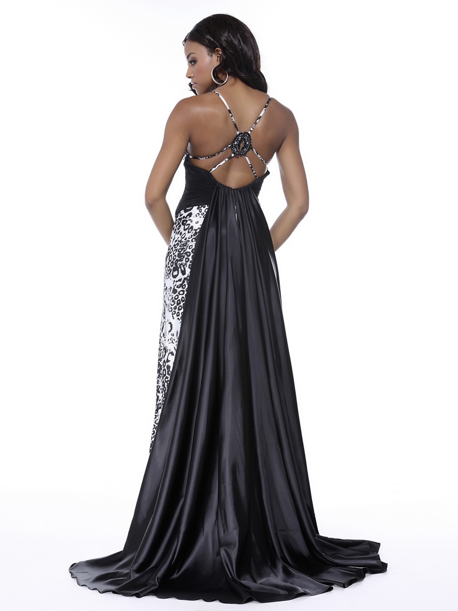Deep V-Neck Sheath Style Animal Printed and Black Satin Diamante Crisscross Evening Gown