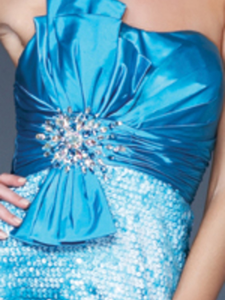 Glamorous One-Shoulder Sheath Style Floor Length Blue Satin and Sequined Slit Prom Gown
