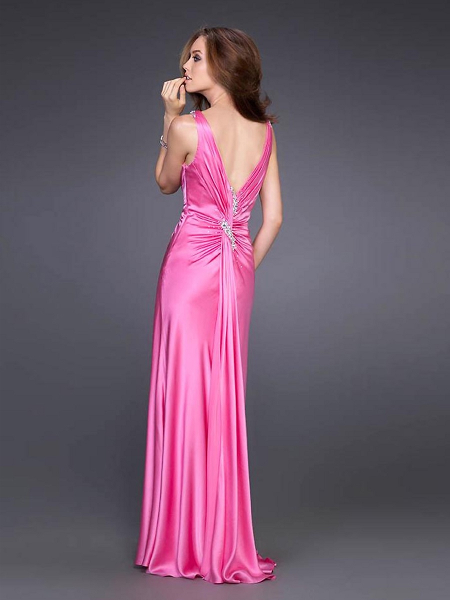 Sheath Style Plunging V-Neck Floor Length Pink Silky Satin Beaded Slit Evening Gown