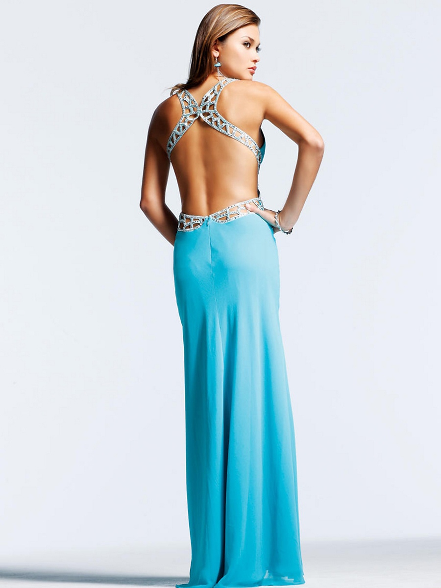 Vendedor Hot 2012 de Deep cuello en V piso de longitud vestidos de gasa azul claro con lentejuelas Famosos