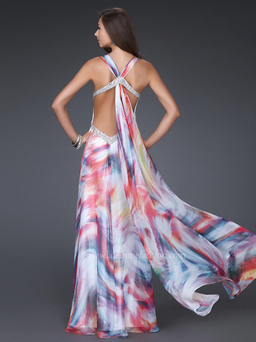 Atemberaubende Halfter bodenlangen Multi- farbig bedruckt Slit Abendkleid von Schal Zurück