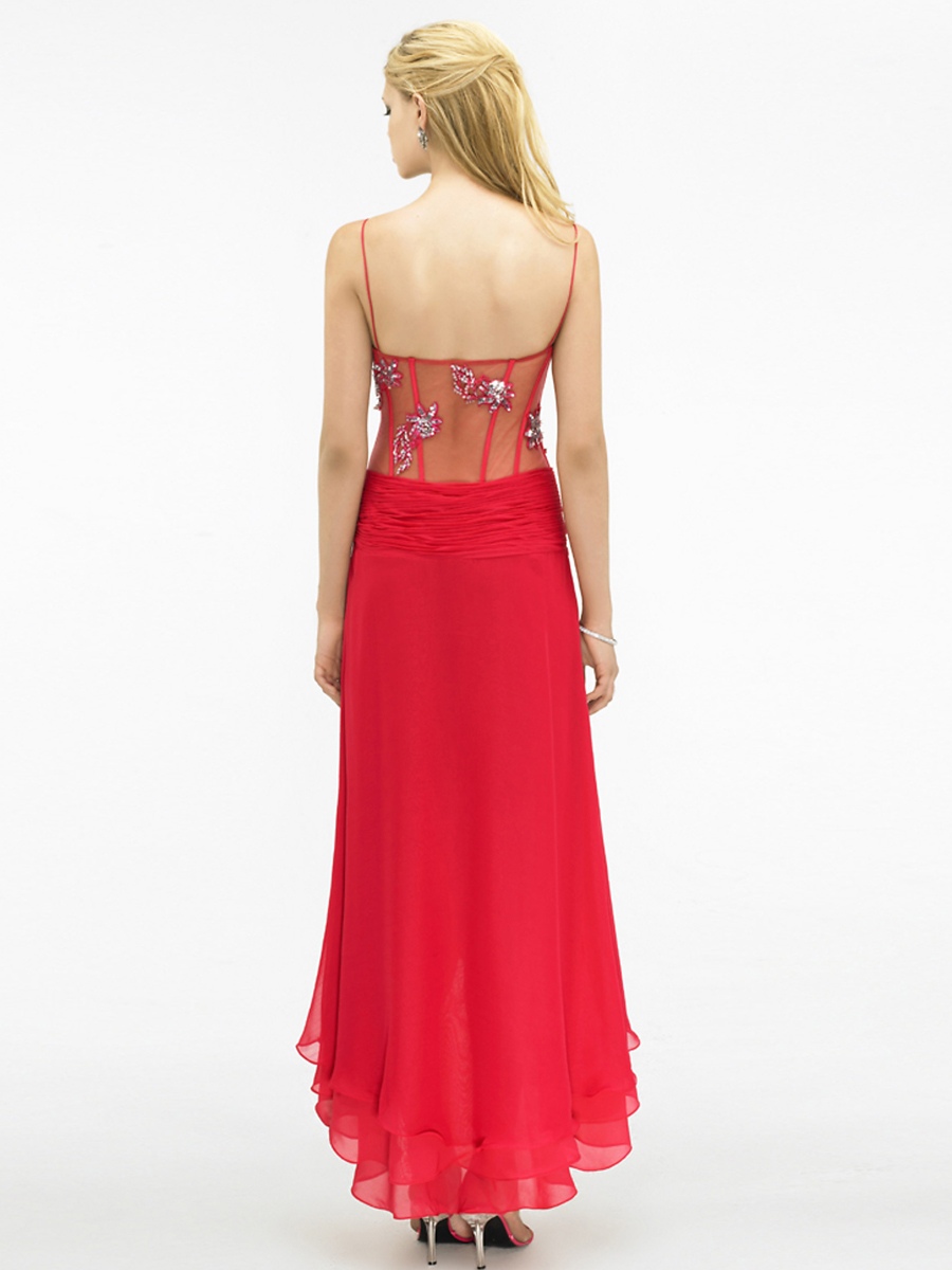 Stunning Spaghetti Strap Neck Ankle-Length Watermelon or Black Chiffon Celebrity Gown