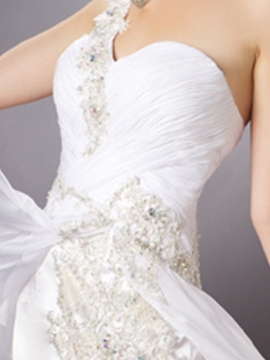 One-Shoulder Floor Length Slit White Chiffon Flying Skirt Beaded Detailing Celebrity Gown
