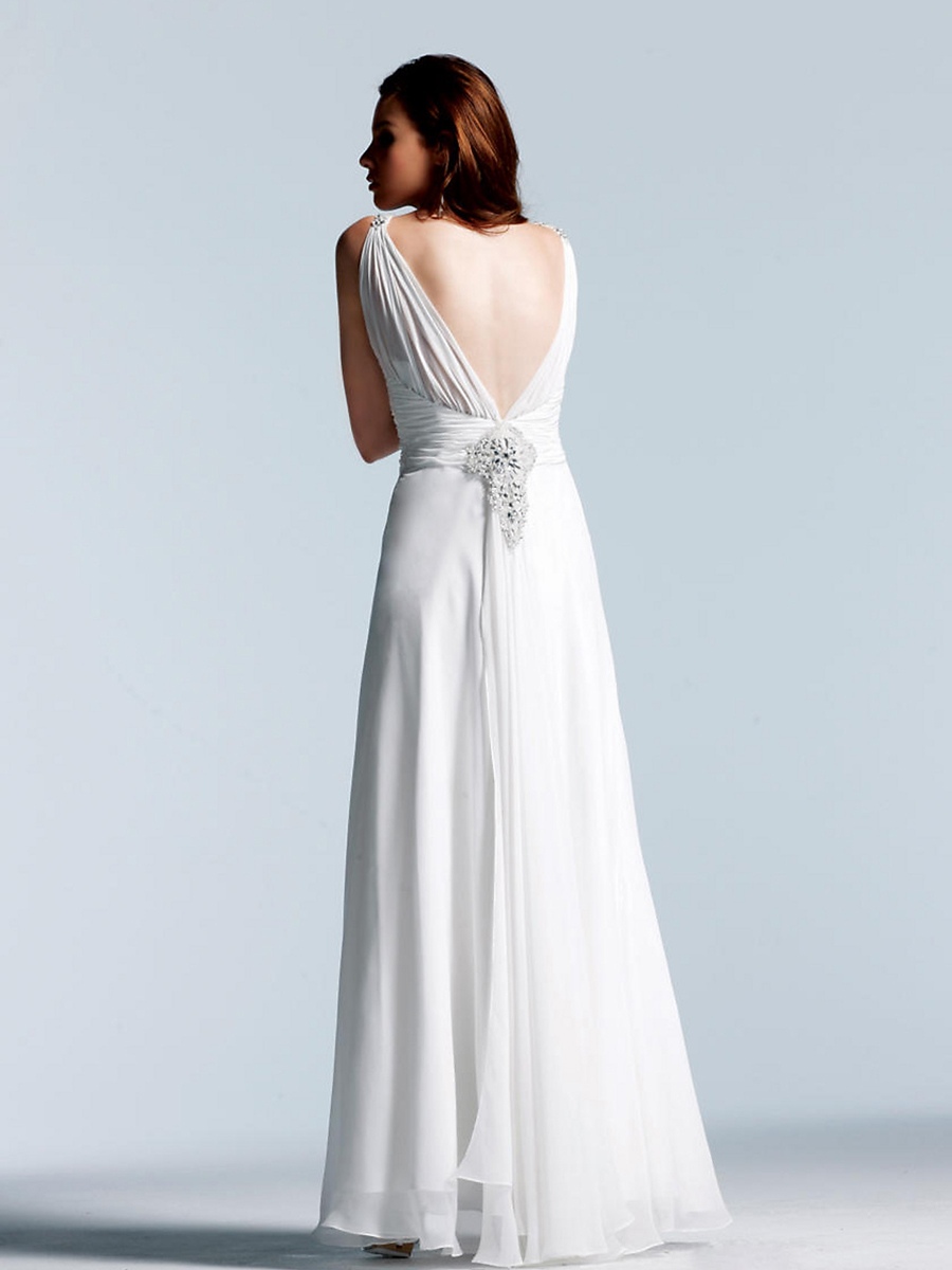 Marvelous Lower V-Neck White Chiffon Floor Length Sheath Style Rhinestone Back Party Dress