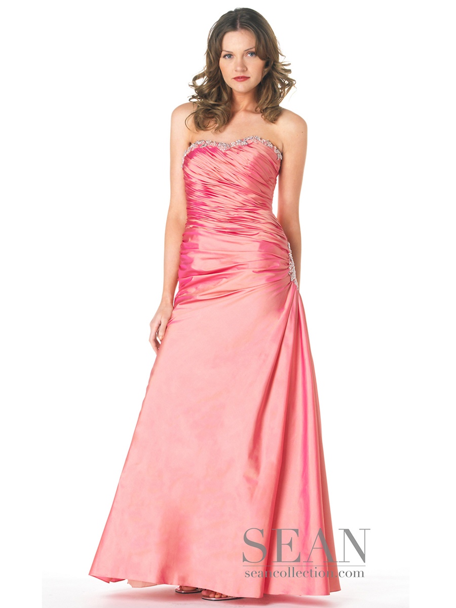 Full Length A-line Style Strapless Beaded Trim Euched Bodice Evening Dresses