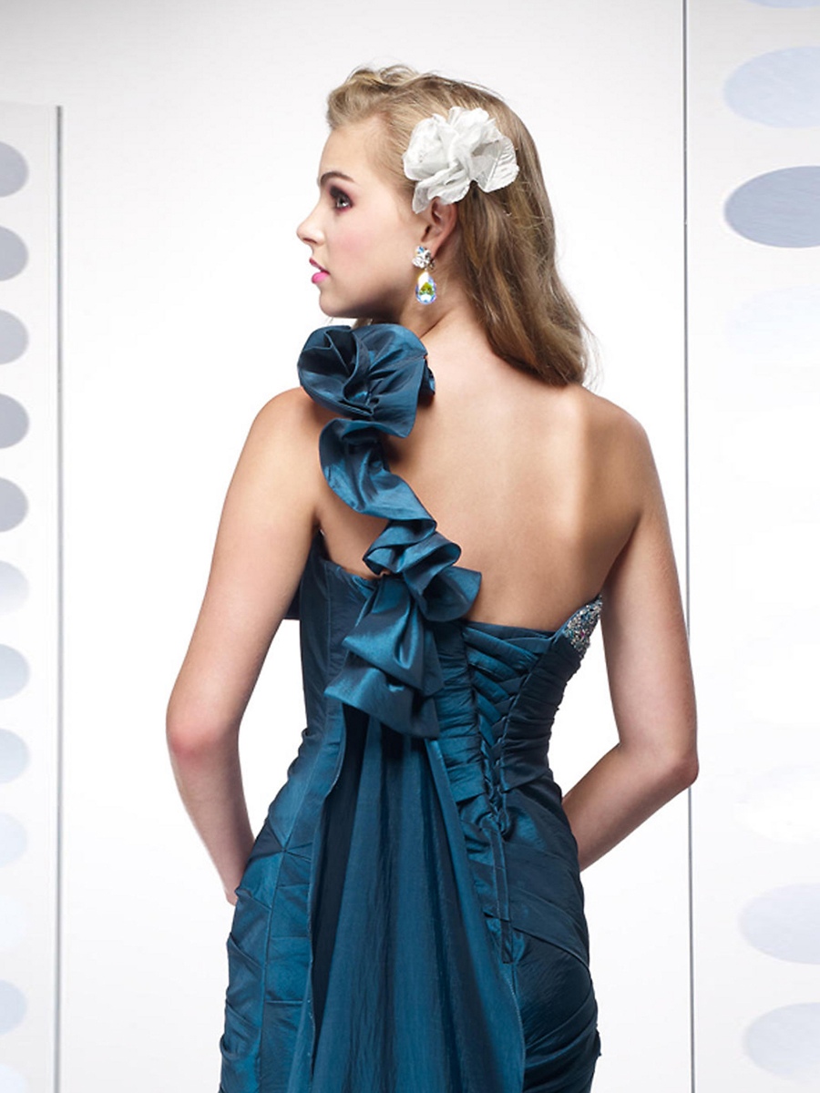 Glamour de um ombro -Ice cetim de seda azul pesado frisado sereia vestido da celebridade