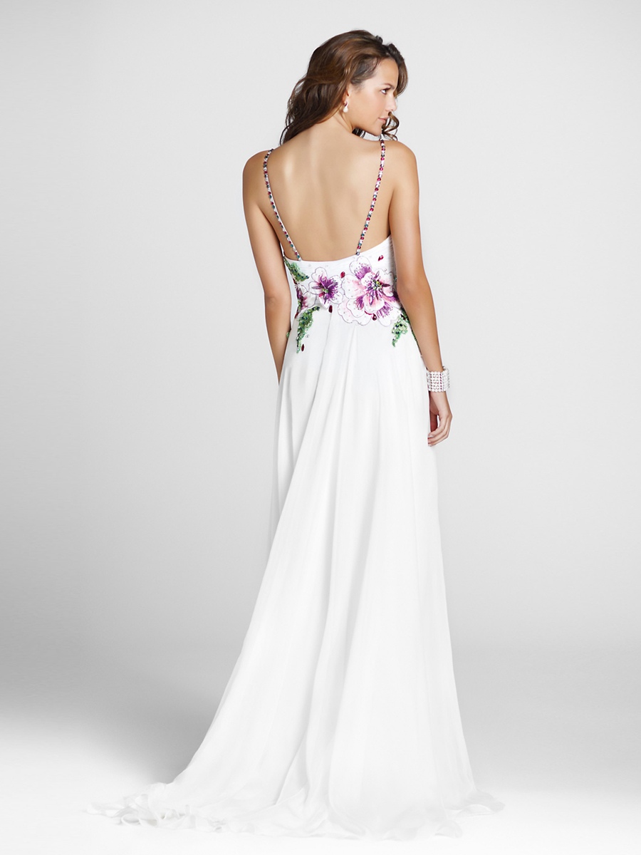 Empire Style Floor Length White Chiffon Spaghetti Strap Neck Flower and Jeweled Evening Gown