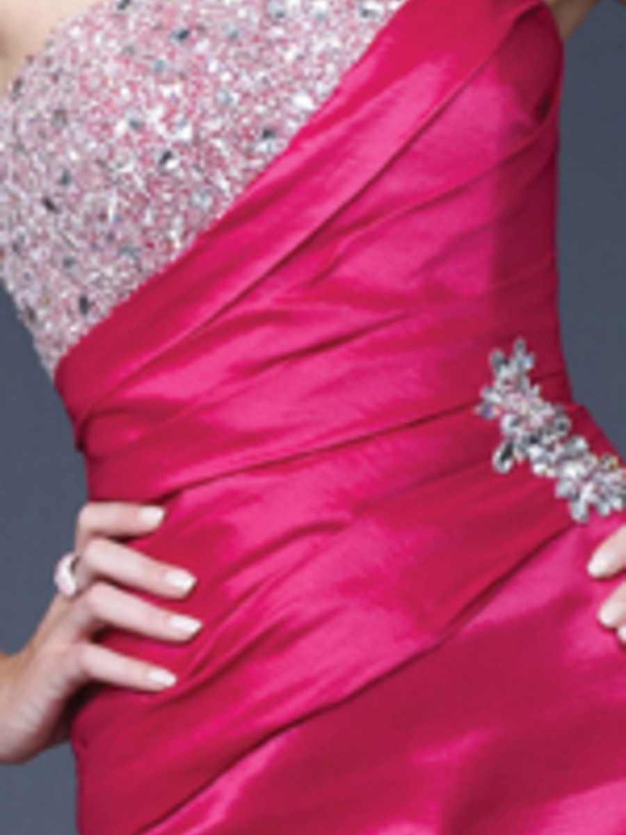 Glamorous Strapless Fuchsia Floor Length Sheath Style Satin Beaded Evening Gown