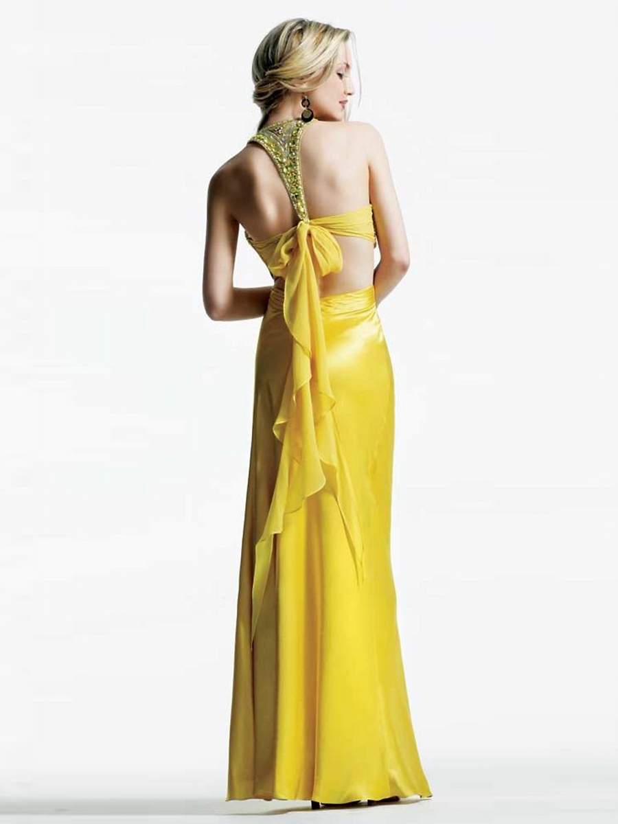 Sheath Floor Length Yellow Elastic Chiffon Halter Beaded Top Crisscross Back Celebrity Gown