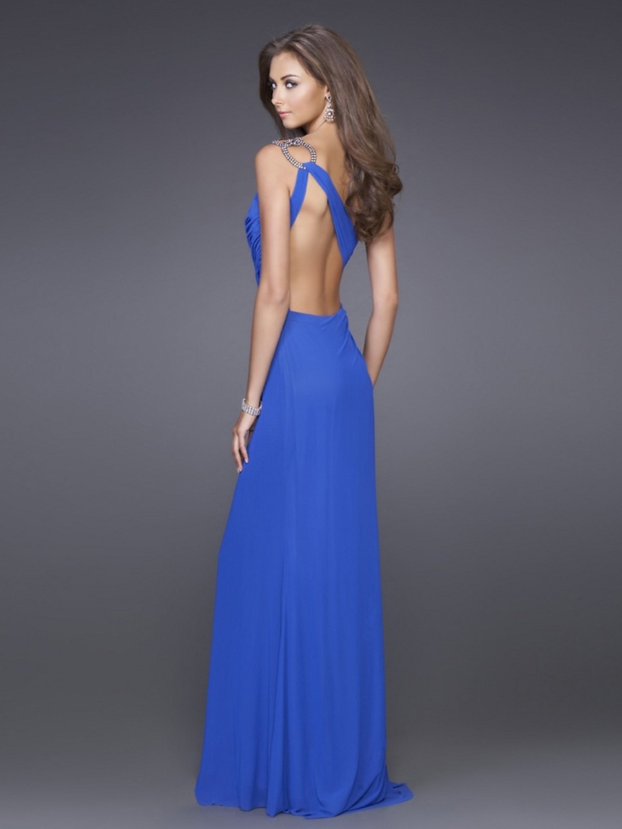 Sheath Style Royal Blue Chiffon One-Shoulder Slit Skirt Floor Length Prom Gown
