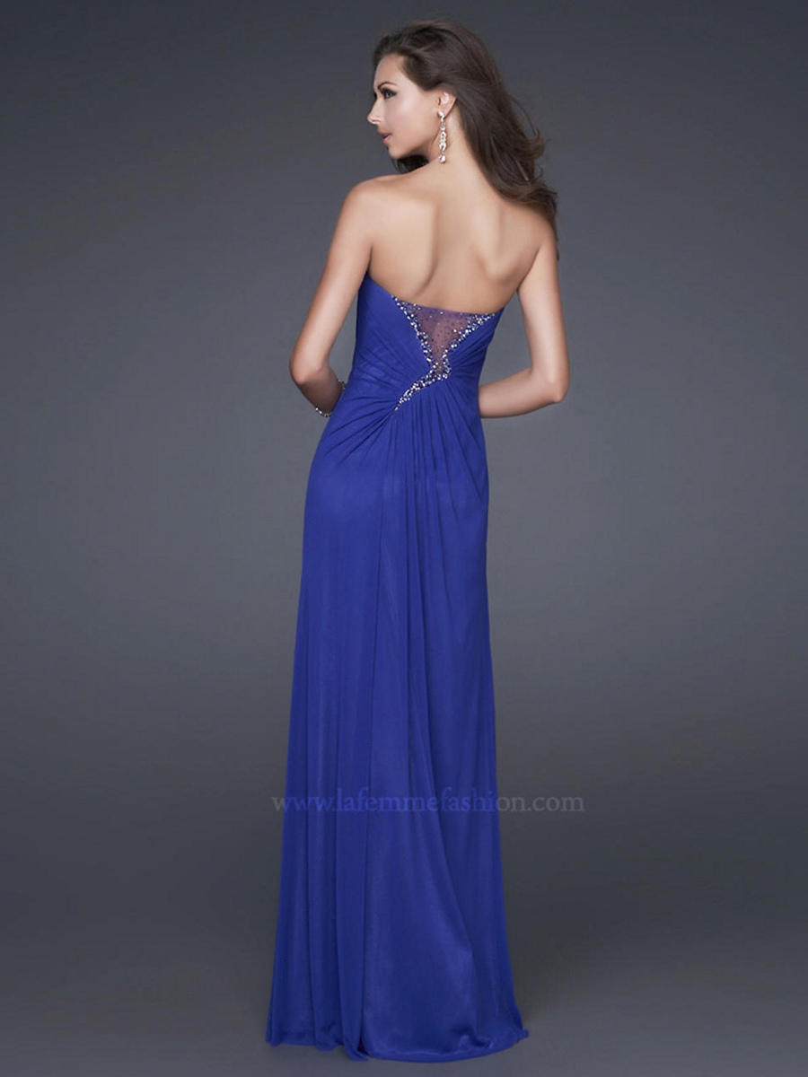 Fashionable Strapless Dark Royal Blue Chiffon Floor Length Sheath Slit Prom Gown