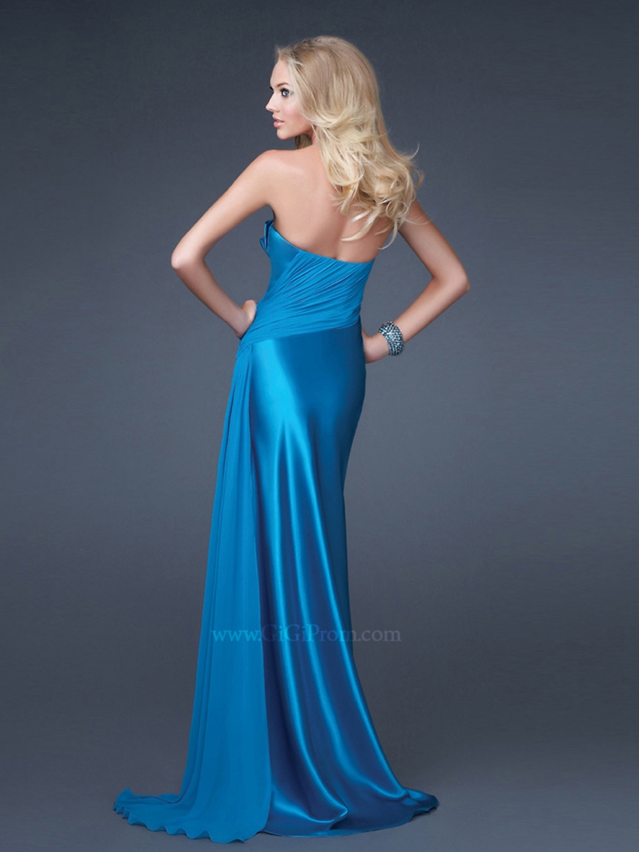Blau Chiffon Satin Trägerlose gefrieste Ornament Mantel Silhouette Abendkleider