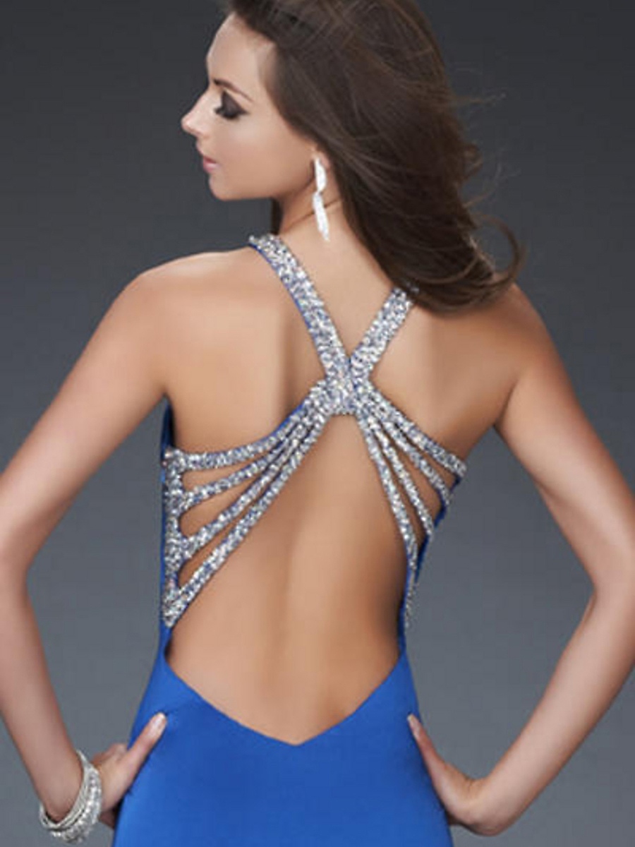 Adorable Sequined Halter Top Royal Blue Chiffon Slit Floor Length Sheath Prom Gown